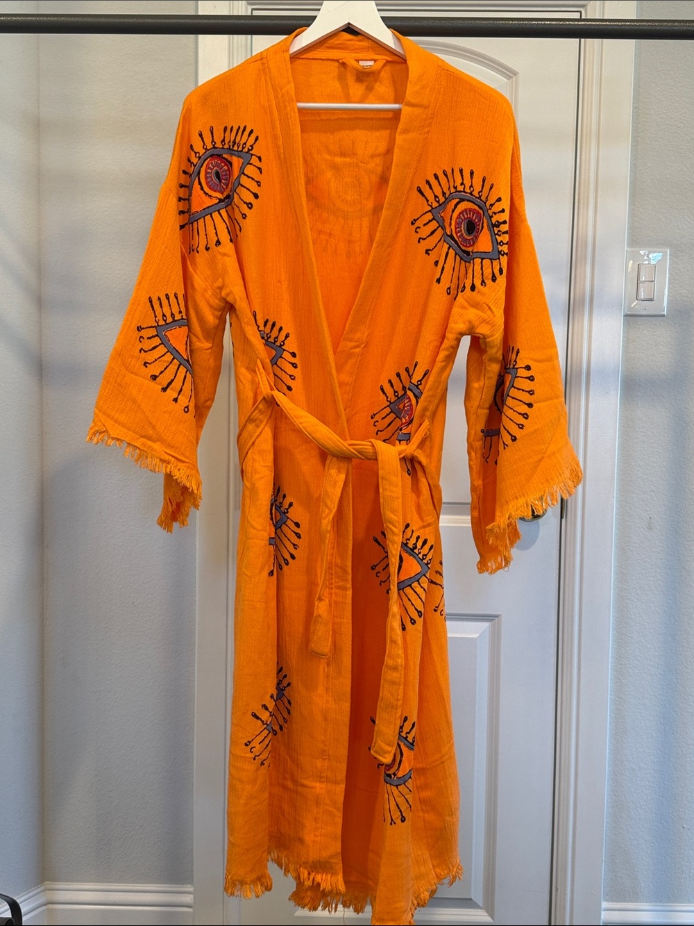 Embroidered Orange Kimono Robe with Fringe - Unbranded